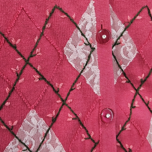 Bechamel Hot Pink Cardigan with Embroidered Flowers and Lace Women's Lg - Picture 2 of 5
